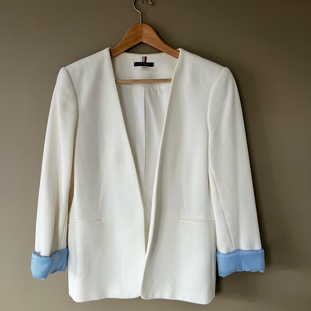 Elegant White Jacket with Blue Cuffs